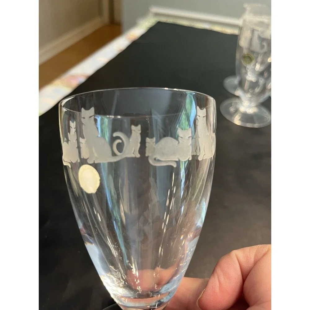 6pc Lenox Crystal Clear Etched Frosted Kitten Cat Dessert Water Footed Glasses